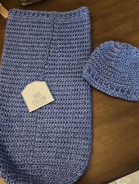 Handmade Baby Cocoon Swaddle Set - Blue Knit with Matching Hat